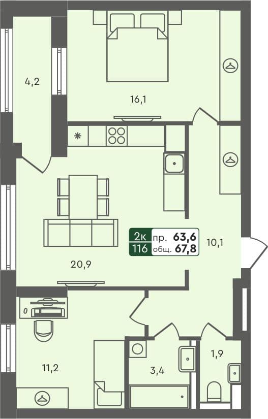 2-комн. квартира, 67.8 м², 6 из 7 этаж квартира
