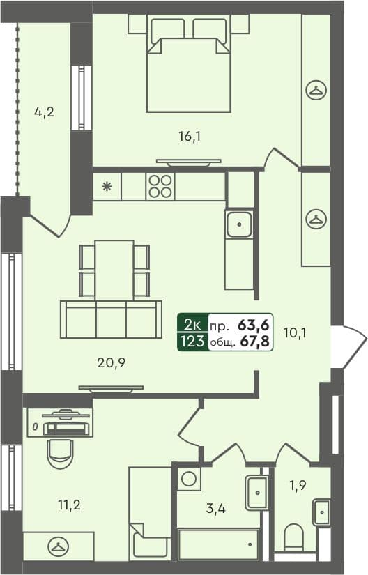 2-комн. квартира, 67.8 м², 7 из 7 этаж квартира