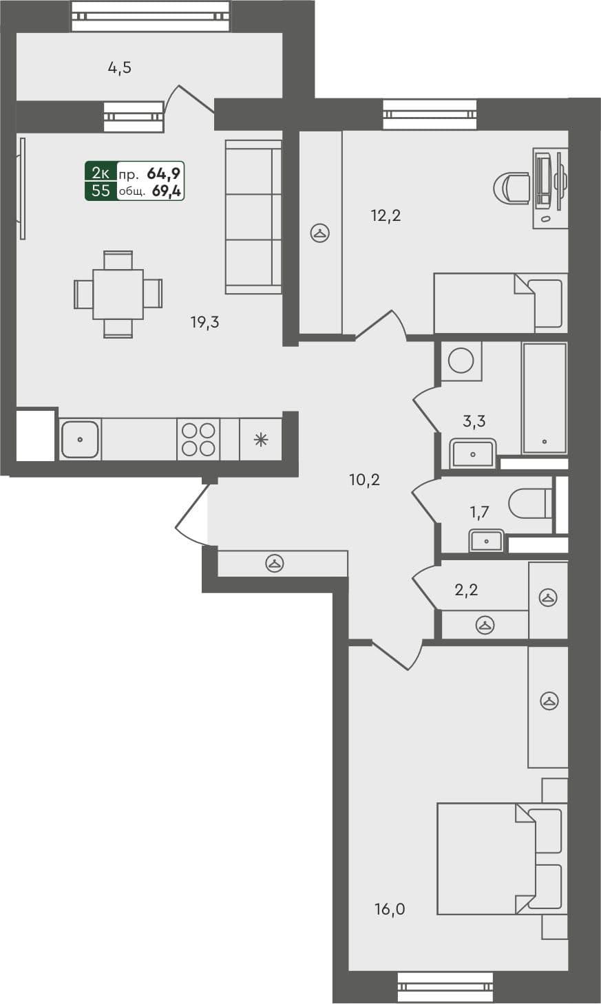 2-комн. квартира, 69.4 м², 7 из 7 этаж квартира