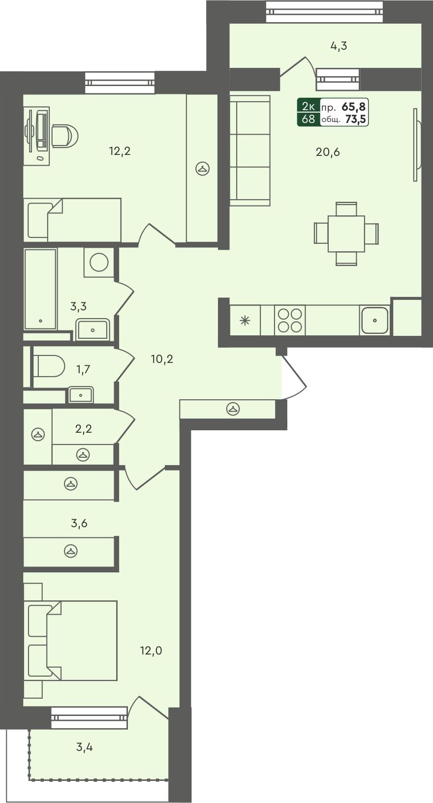 2-комн. квартира, 73.5 м², 3 из 7 этаж квартира