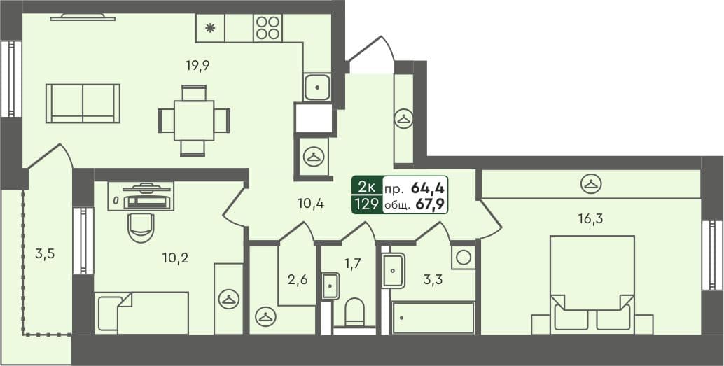 2-комн. квартира, 67.9 м², 7 из 7 этаж квартира