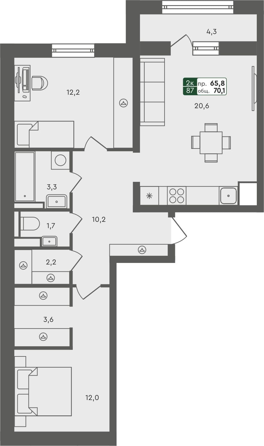 2-комн. квартира, 70.1 м², 7 из 7 этаж квартира