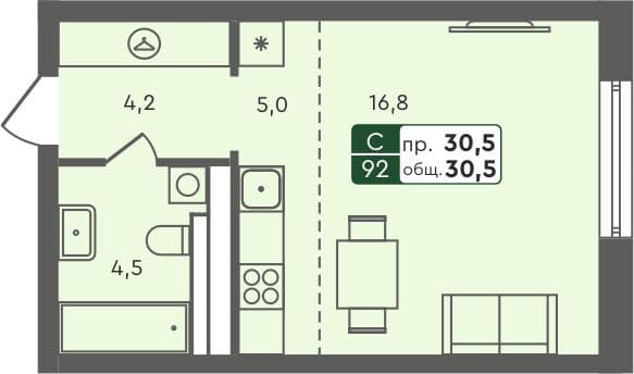 Студия квартира, 30.5 м², 2 из 7 этаж Планировка