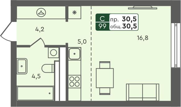 Студия квартира, 30.5 м², 3 из 7 этаж Планировка