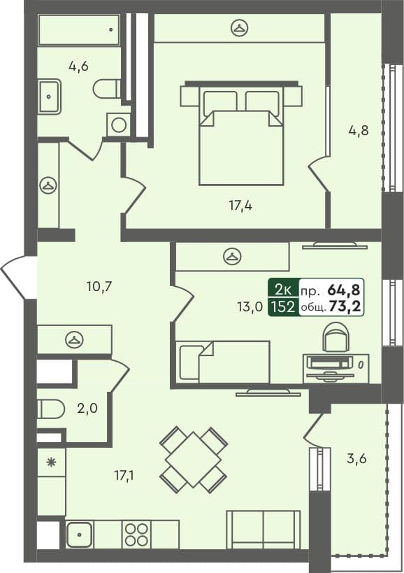 2-комн. квартира, 73.2 м², 6 из 6 этаж квартира