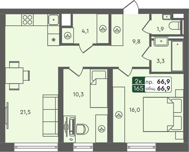 2-комн. квартира, 66.9 м², 3 из 5 этаж квартира