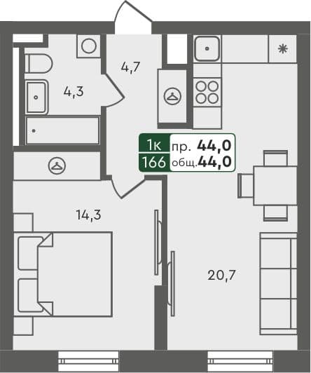 1-комн. квартира, 44 м², 3 из 5 этаж квартира