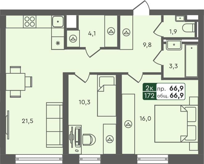 2-комн. квартира, 66.9 м², 4 из 5 этаж квартира