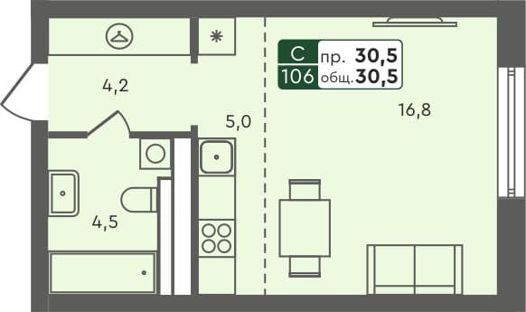 Студия квартира, 30.5 м², 4 из 7 этаж квартира