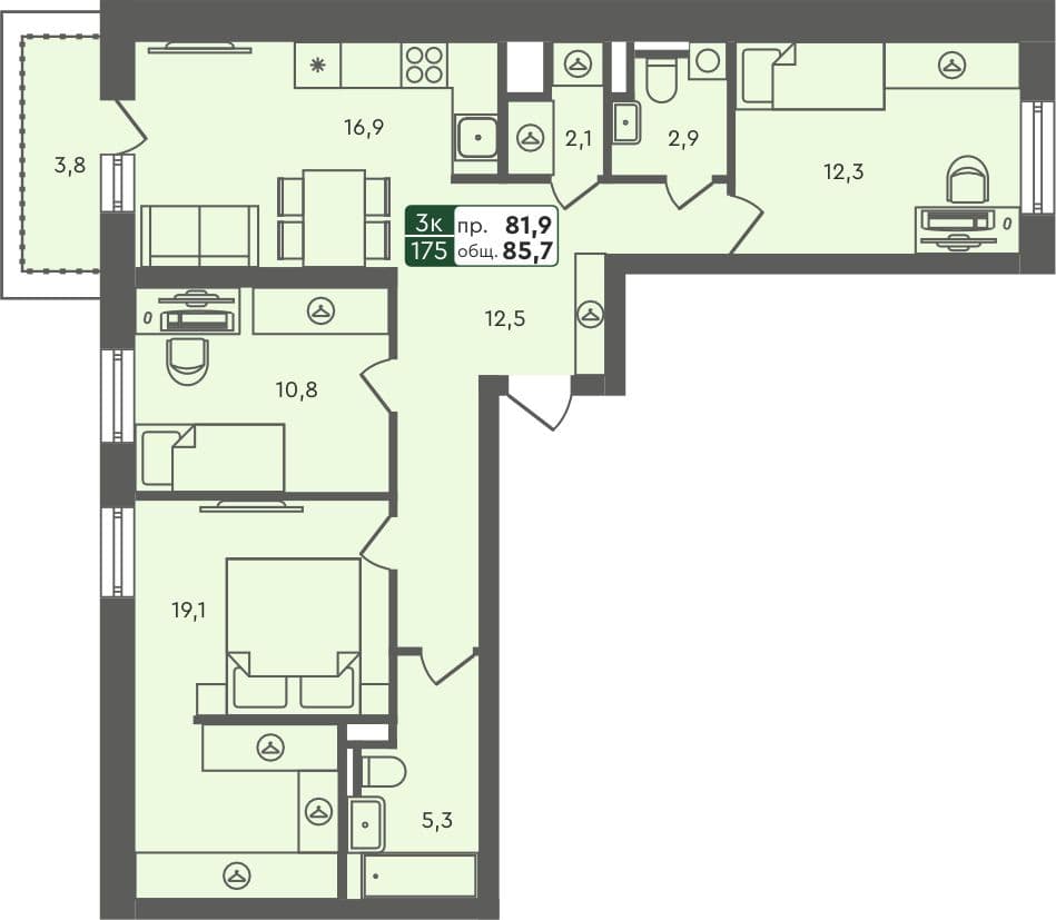3-комн. квартира, 85.7 м², 5 из 5 этаж Планировка