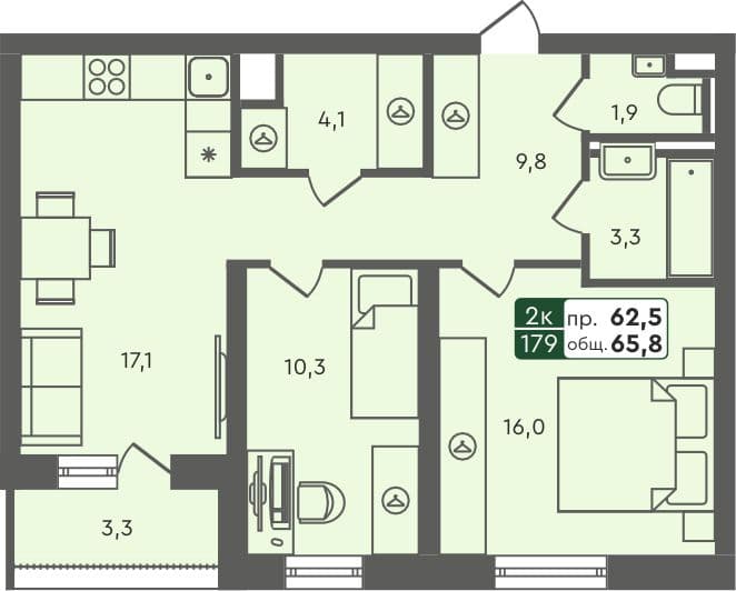2-комн. квартира, 65.8 м², 5 из 5 этаж квартира