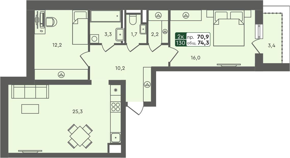 2-комн. квартира, 74.3 м², 2 из 6 этаж квартира