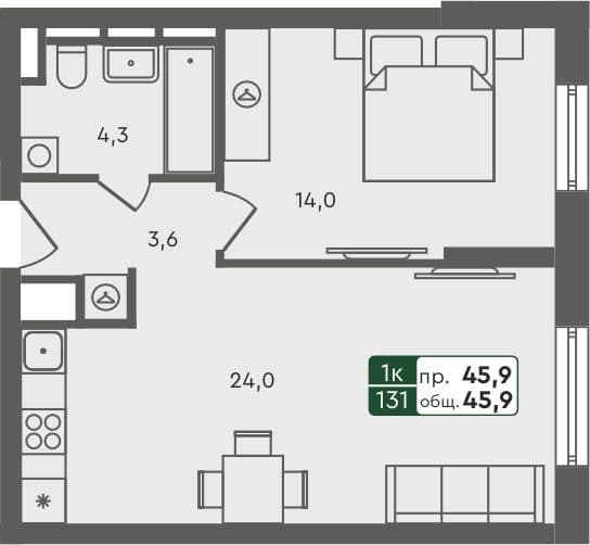 1-комн. квартира, 45.9 м², 2 из 6 этаж квартира