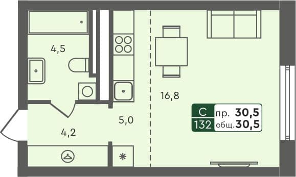 Студия квартира, 30.5 м², 2 из 6 этаж Планировка